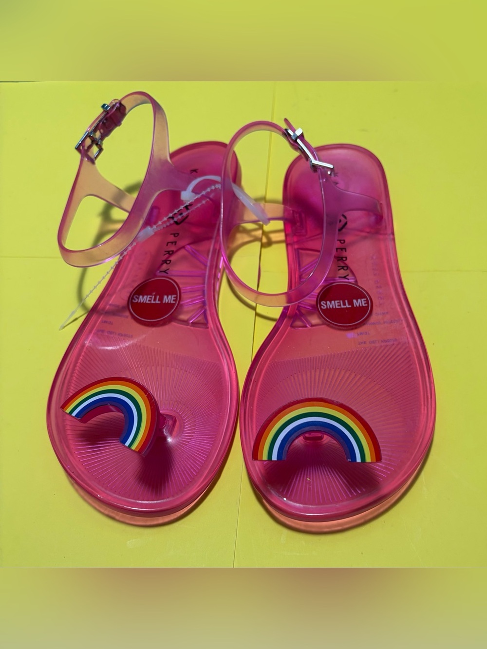 Katy Perry Pink Jelly Rainbow Strappy Sandals Buckle Ankle Strap Women's Sz 7/37